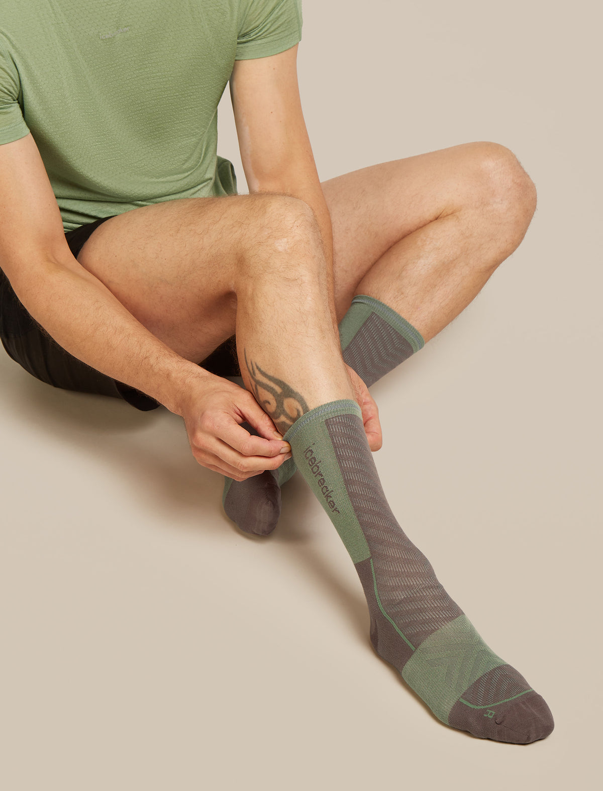 Men's Merino Blend Run+ Ultralight Crew Socks Porcini/Lichen - 2
