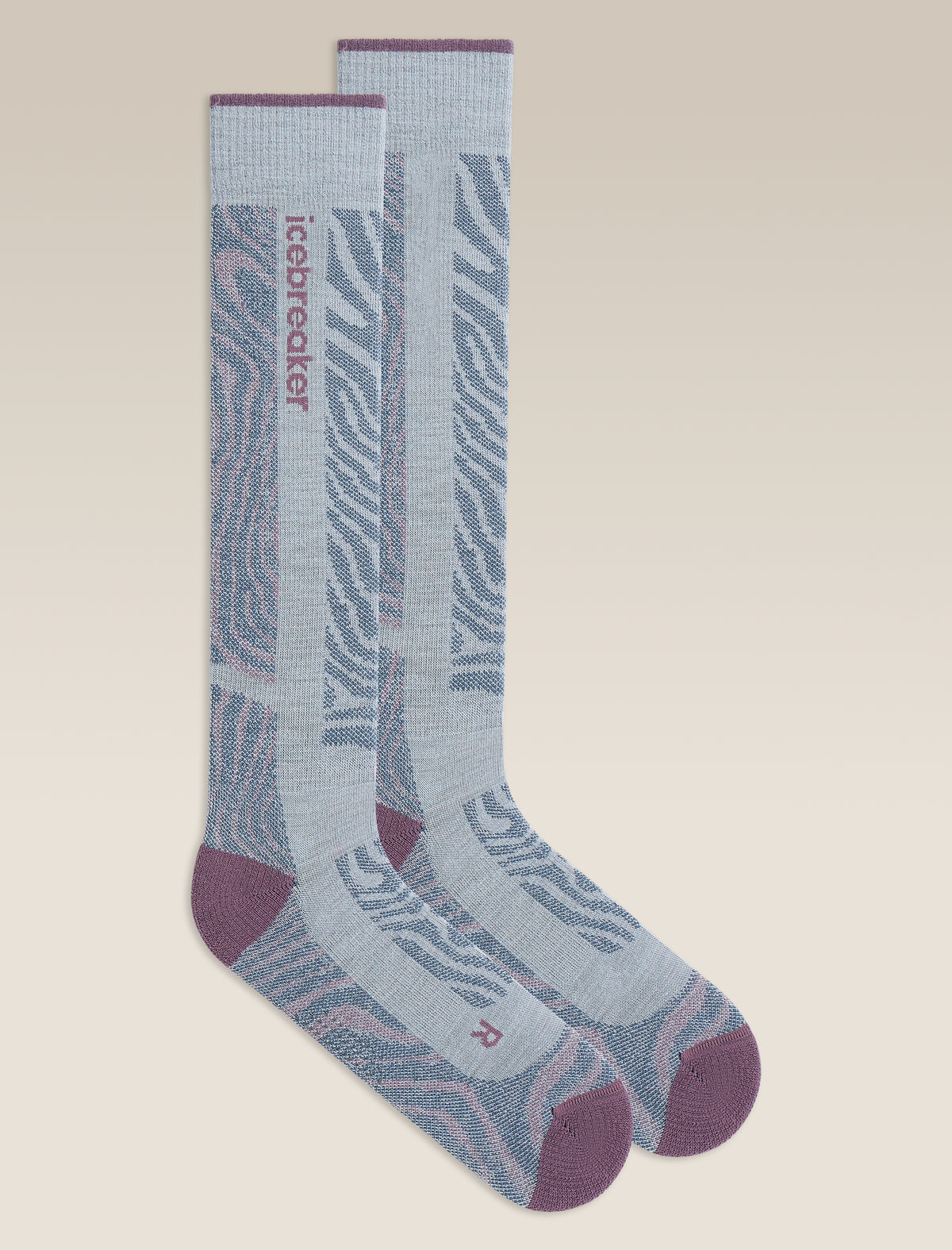 Women's Merino Blend Ski+ Medium Over The Calf Socks Mountain Contour Zinc Blue/Grey Plum/Dawn - 1