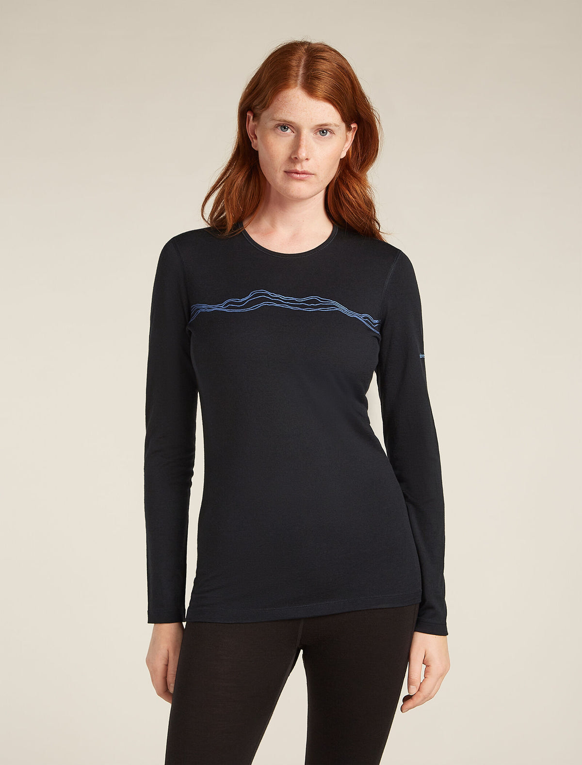 Women's Merino 200 Oasis Long Sleeve Crewe Mountain Pulse Thermal Top Black - 1