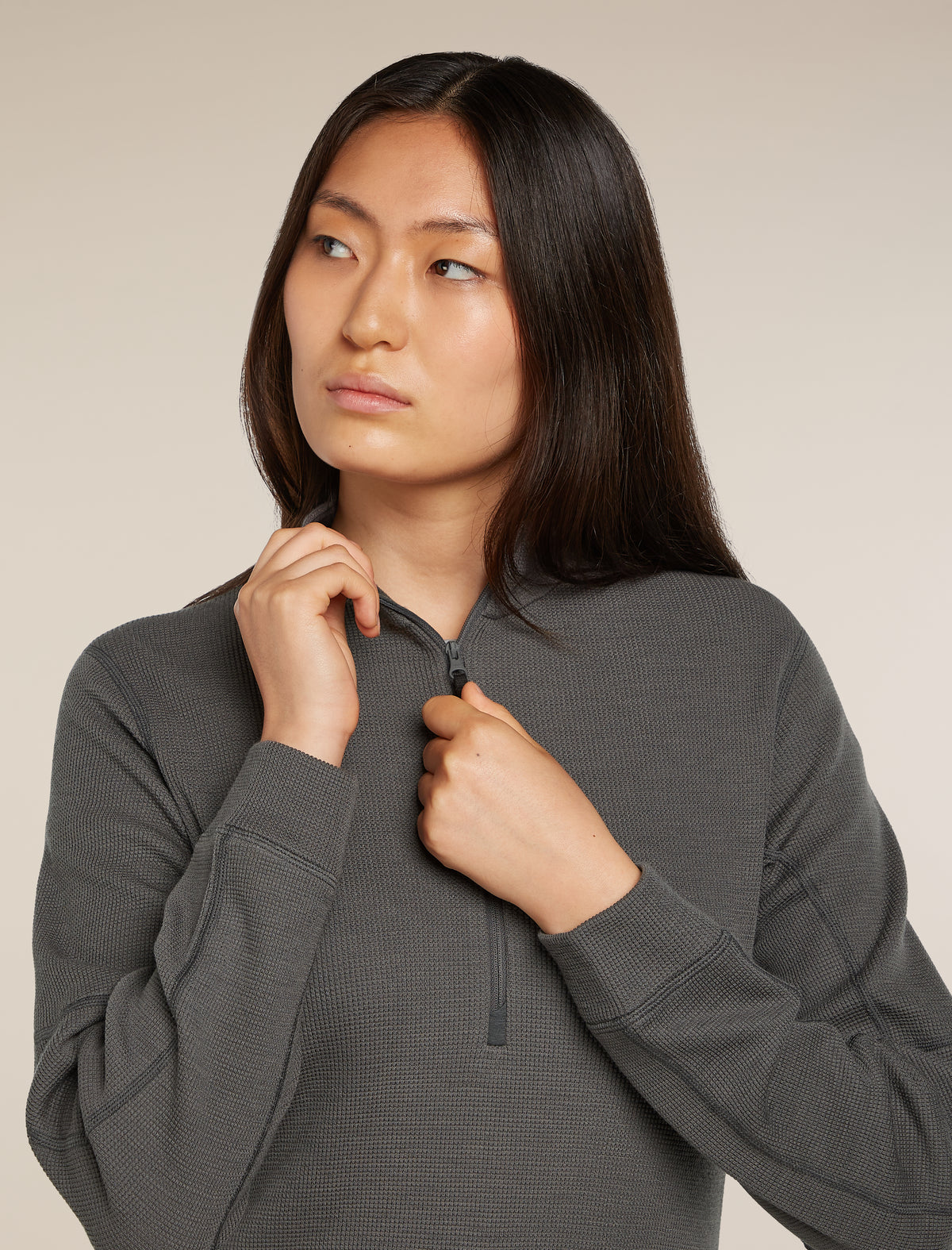 Women's Merino 260 Waffle Knit Wander Long Sleeve Half Zip Top Obsidian - 9