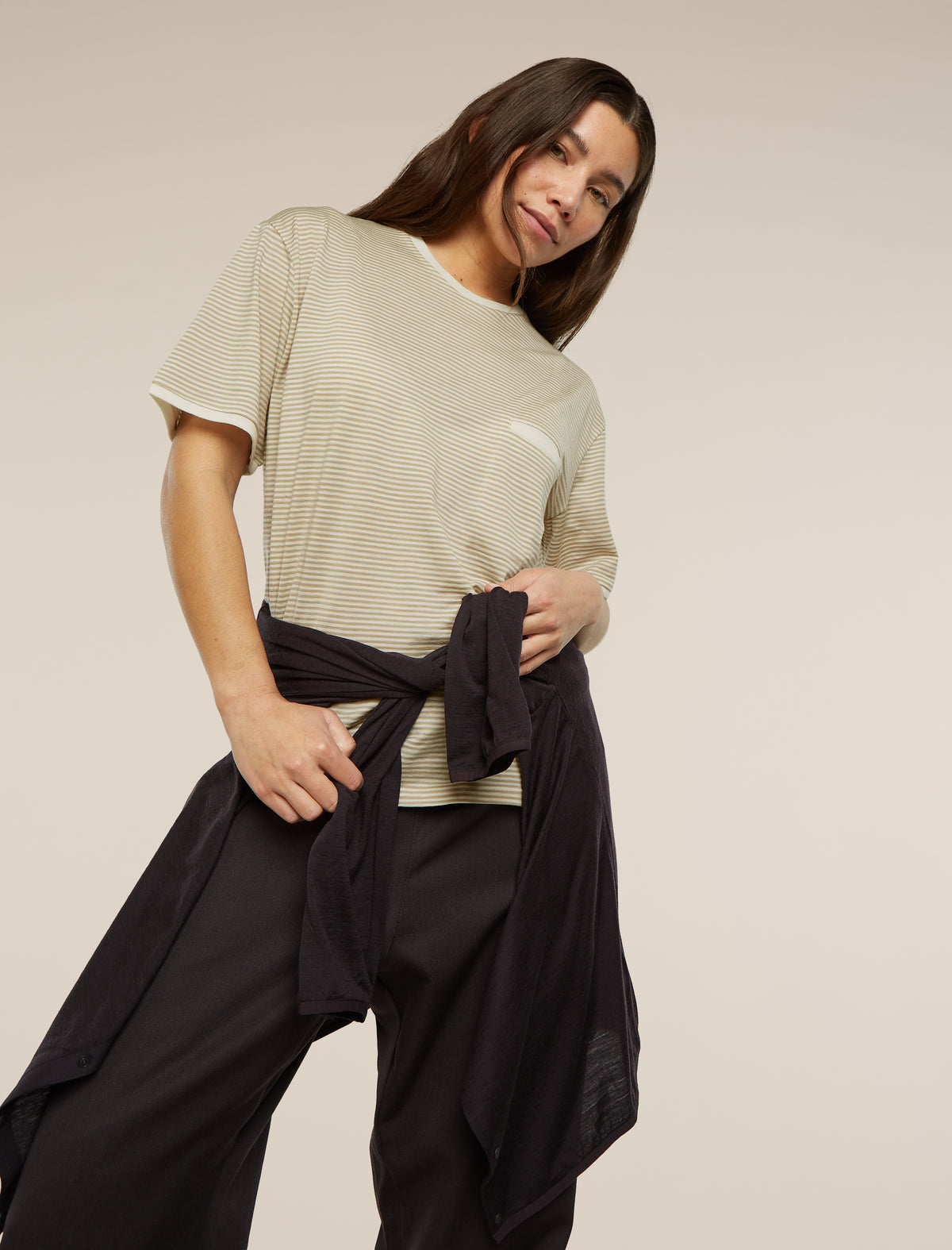 Unisex Merino 150 Short Sleeve Tee Stripe Flagstone/Chalk - 1