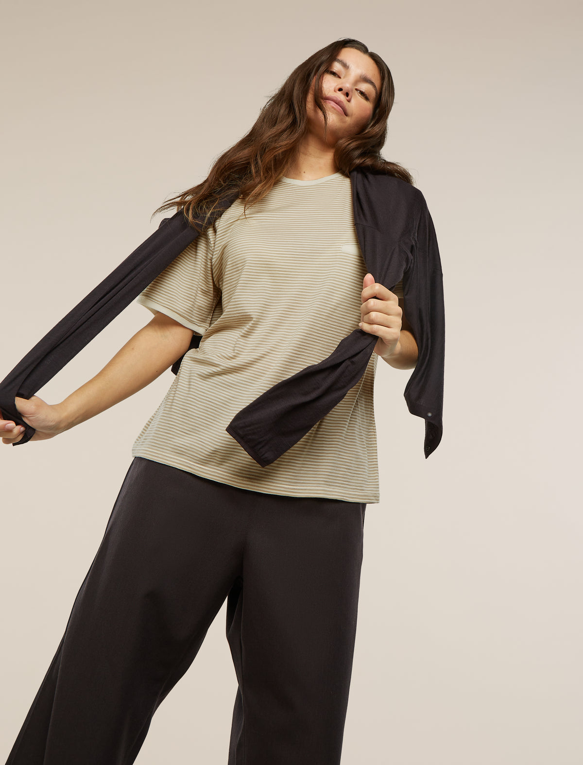 Unisex Merino 150 Short Sleeve Tee Stripe Flagstone/Chalk - 14