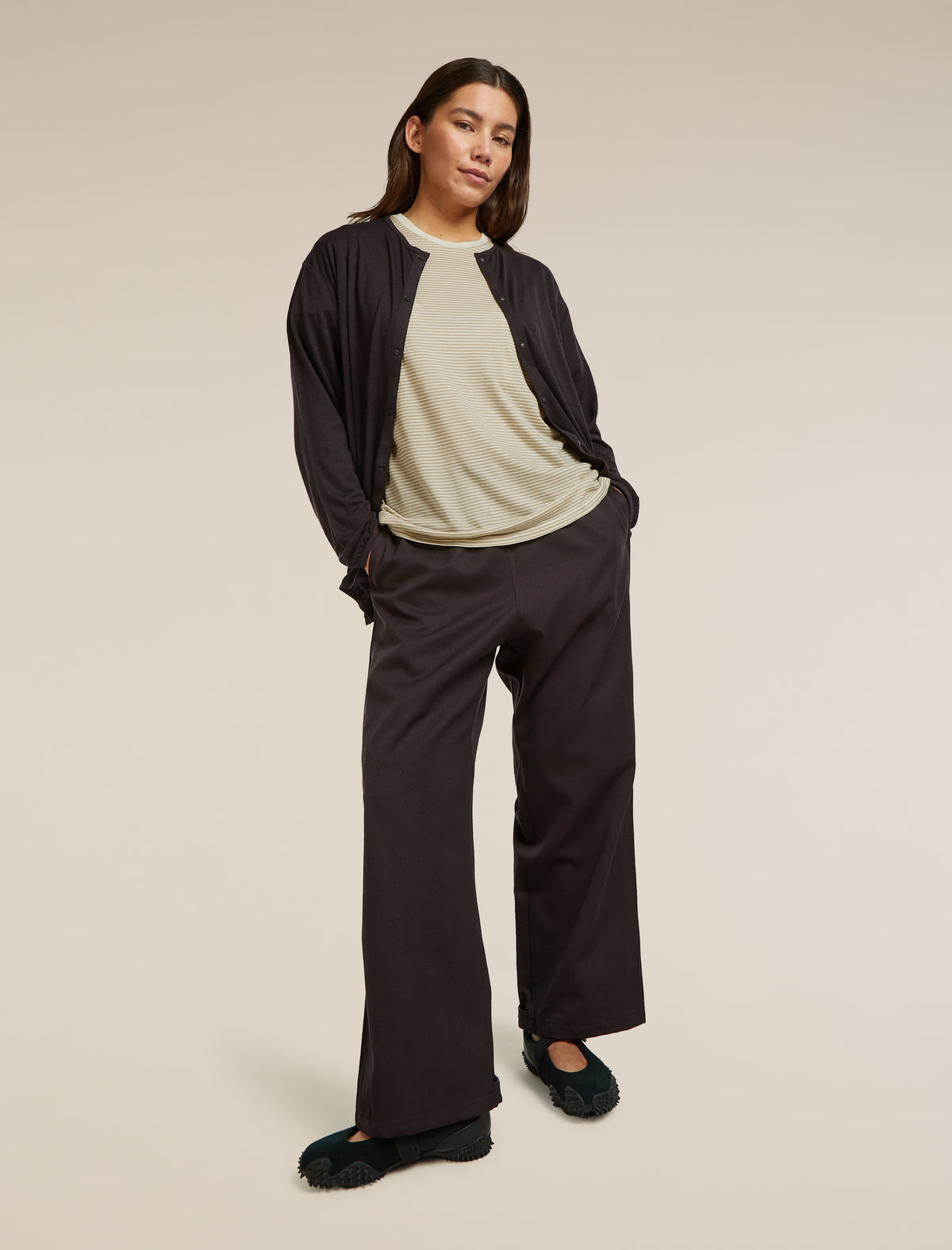 Unisex Merino 150 Short Sleeve Tee Stripe Flagstone/Chalk - 16