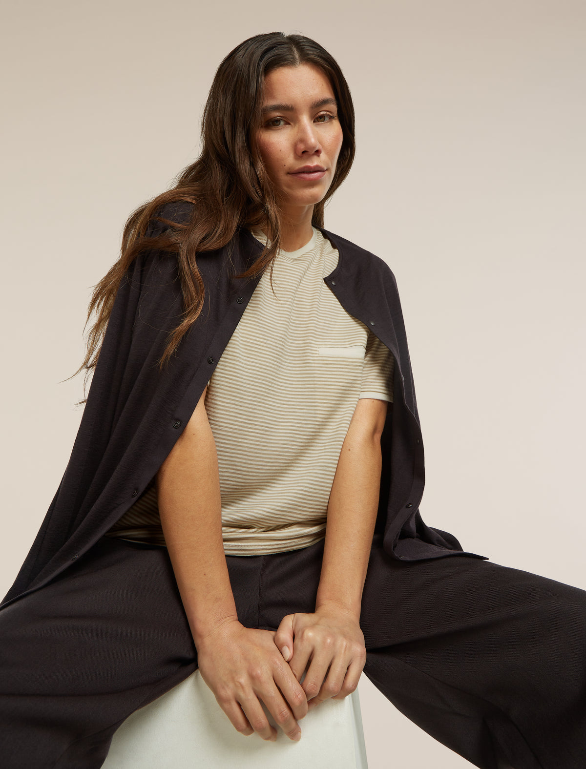 Unisex Merino 150 Short Sleeve Tee Stripe Flagstone/Chalk - 17