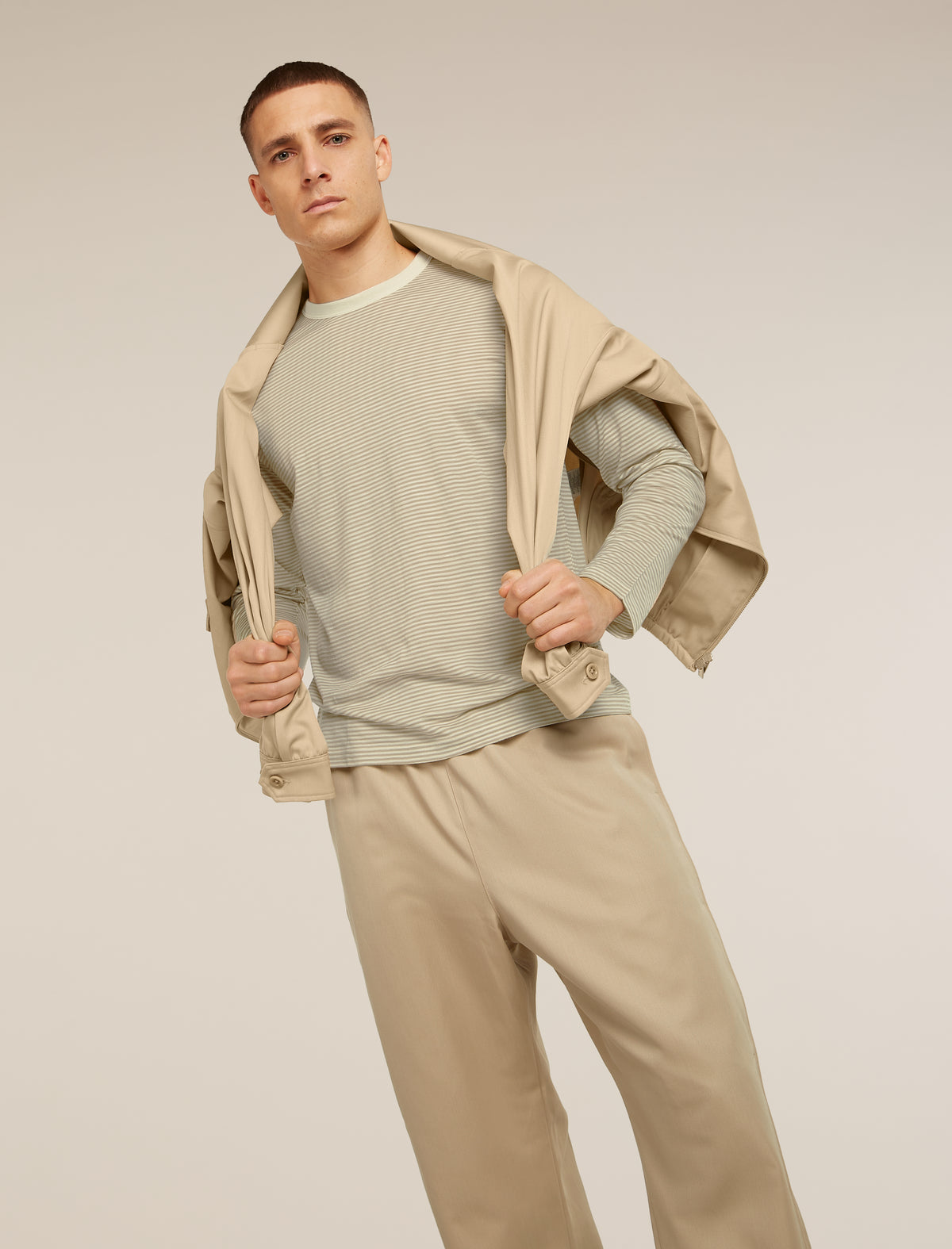 Unisex Merino 150 Long Sleeve Tee Stripe Flagstone/Chalk - 1