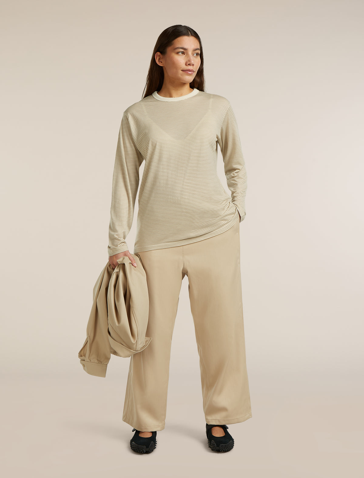 Unisex Merino 150 Long Sleeve Tee Stripe Flagstone/Chalk - 10