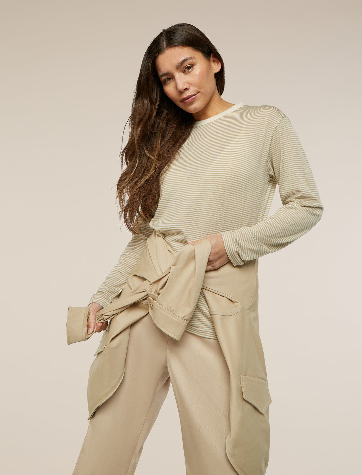 Unisex Merino 150 Long Sleeve Tee Stripe Flagstone/Chalk - 3