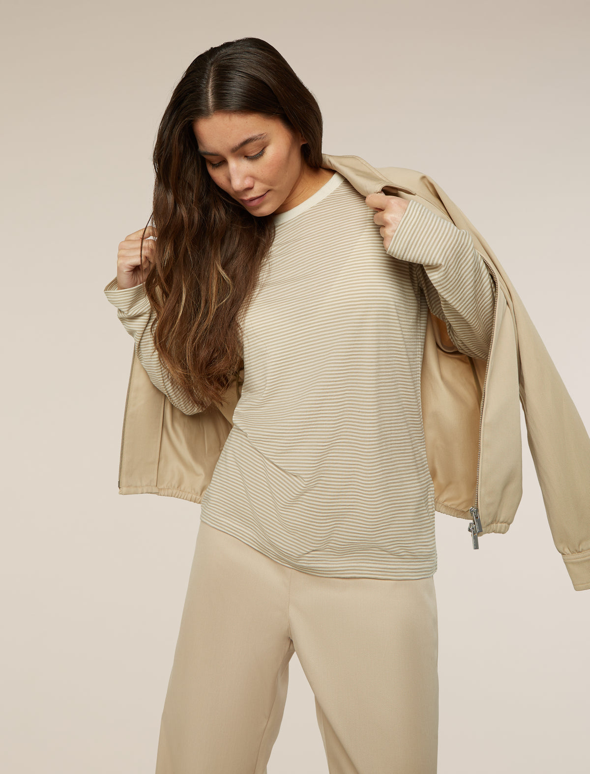 Unisex Merino 150 Long Sleeve Tee Stripe Flagstone/Chalk - 17