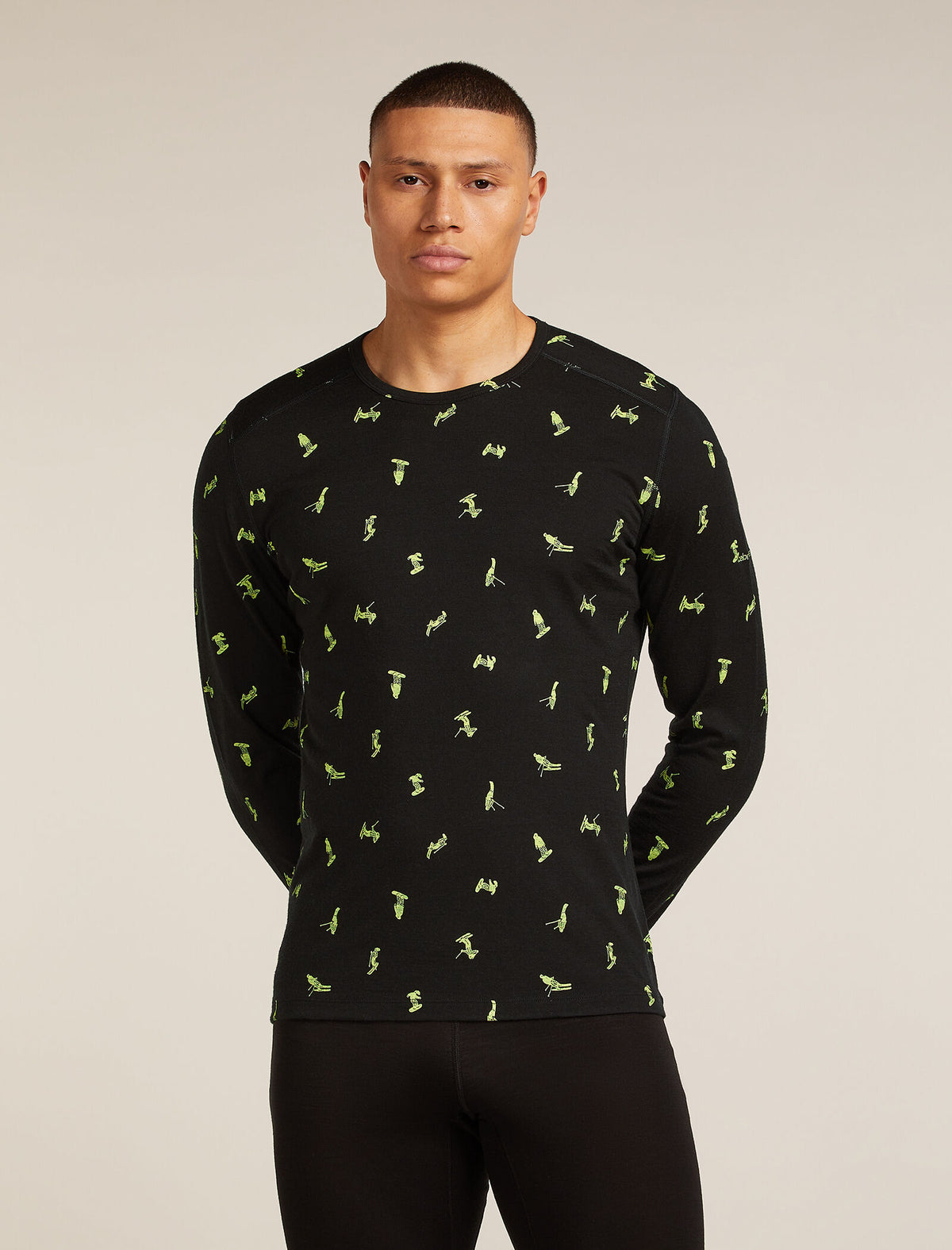 Men's Merino 200 Oasis Long Sleeve Crewe Thermal Top Snow Day Black/Peridot - 1