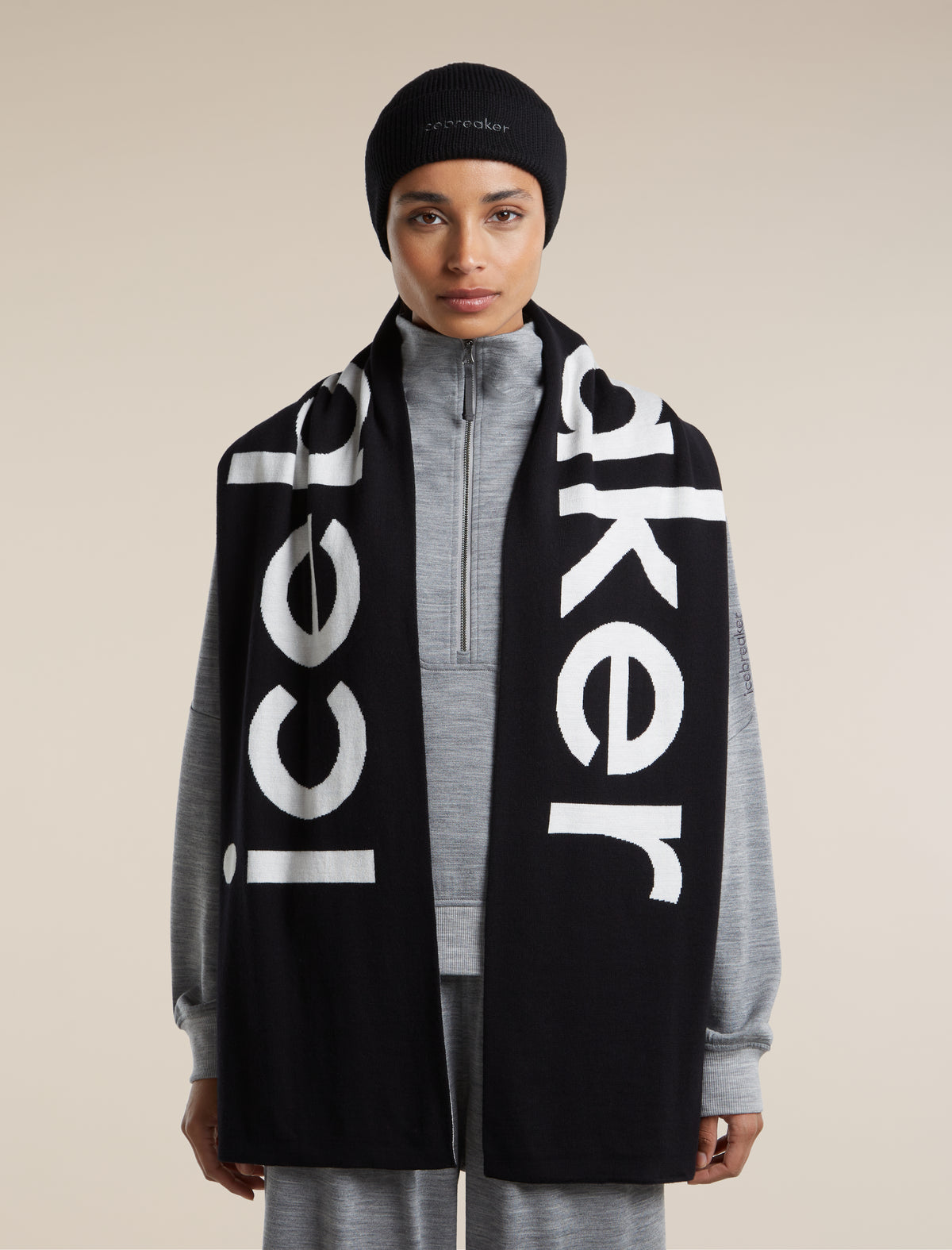 Unisex Merino icebreaker Scarf Black/Ecru Heather - 2