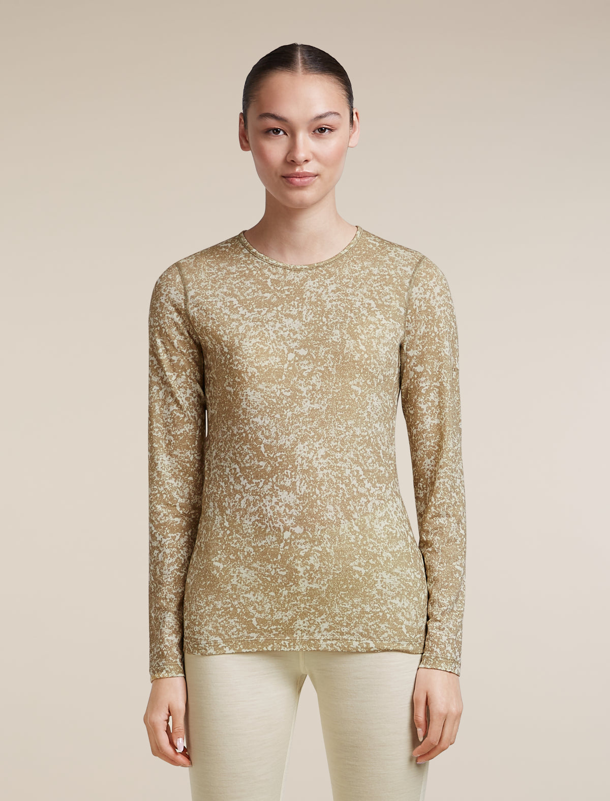 Women's Merino 200 Oasis Long Sleeve Thermal Crewe Moss Bloom AOP Cumin/Undyed/AOP - 1
